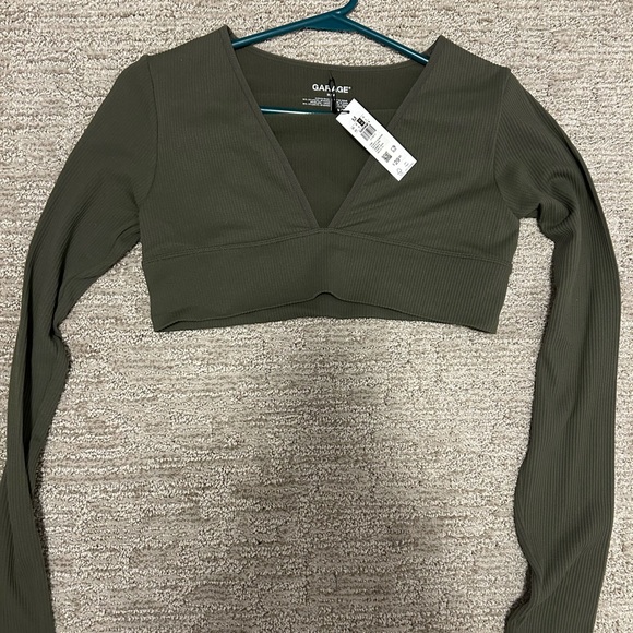 Long Sleeve Deep Plunge Crop Top - Dark Green - Picture 1 of 1